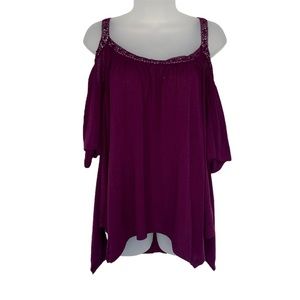 Mudd Purple Maroon Open Off the Shoulder Tank T-Shirt Blouse Loose L Summer